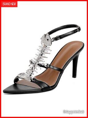 Womens Stiletto Heeled Sandals Fishbone Rhinestone Pointed Toe Ankle Strap